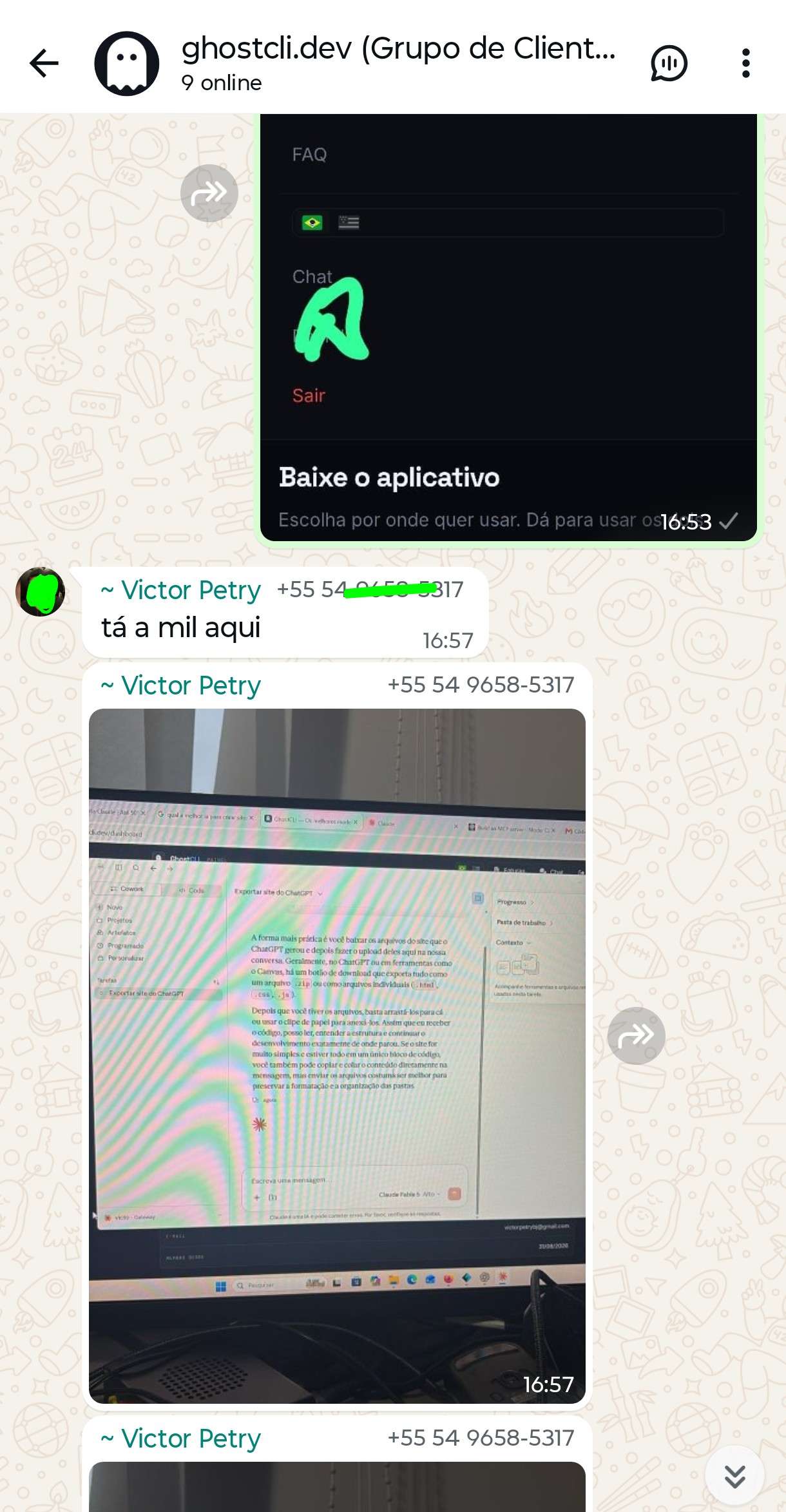 Victor Petry manda "tá a mil aqui" e a foto do próprio monitor com o chat da GhostCLI aberto no Claude Fable 5.1.