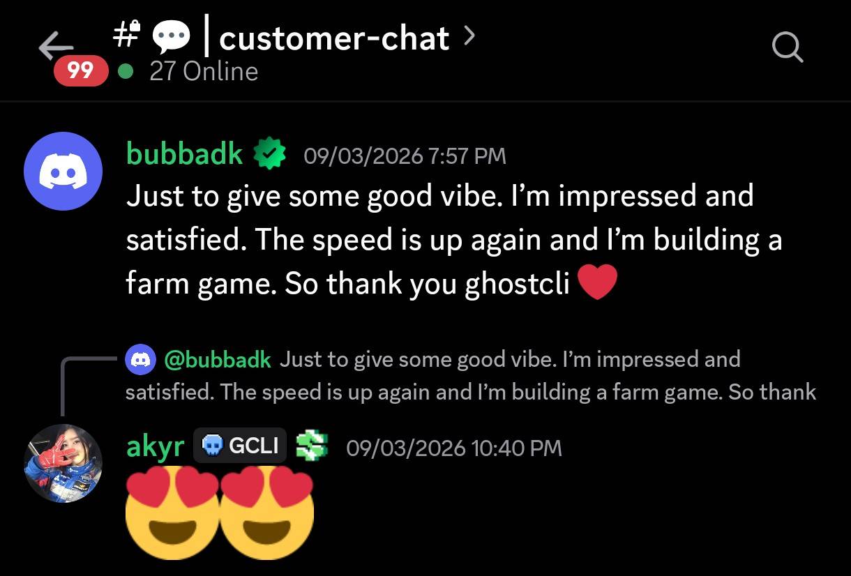 Discord #customer-chat: bubbadk thanks GhostCLI for the speed being back while building a farm game