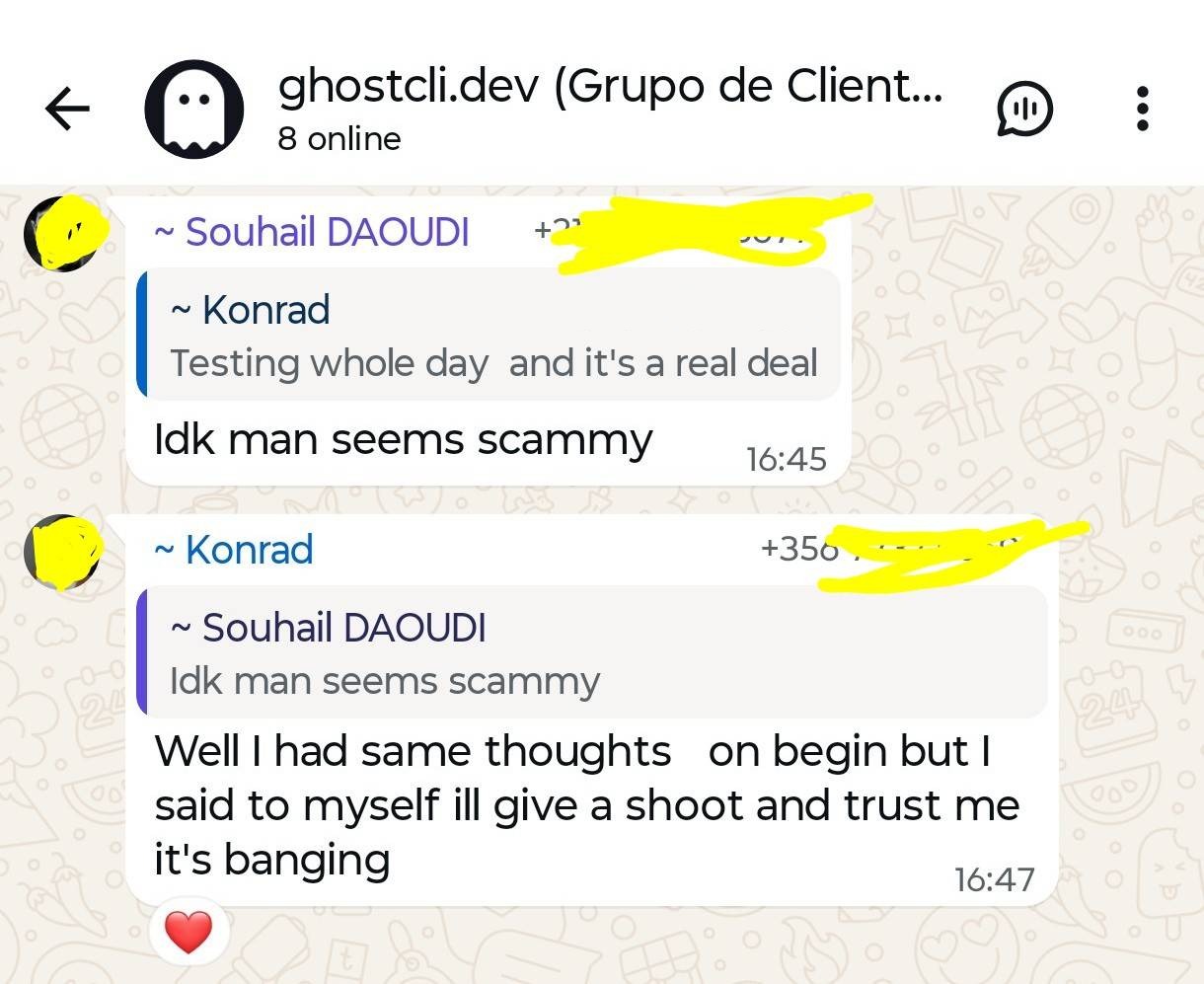 WhatsApp customer group: a sceptical member is answered by a paying customer